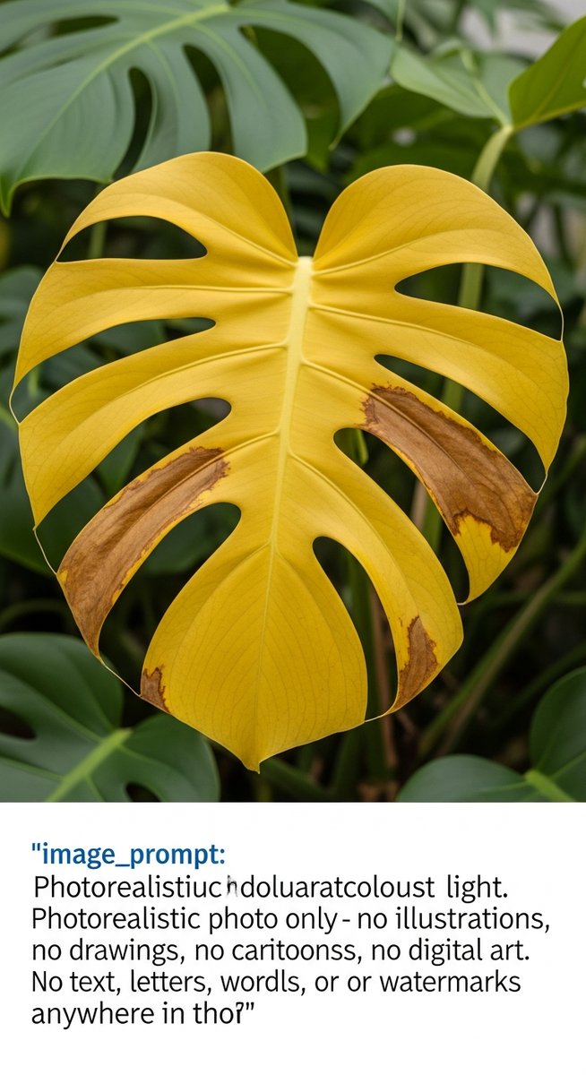 close-up of a yellowing monstera leaf against healthy green leaves