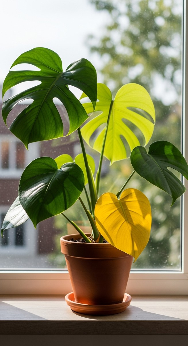 a monstera plant with yellow lower leaves on a windowsill, for monstera leaves turning yellow