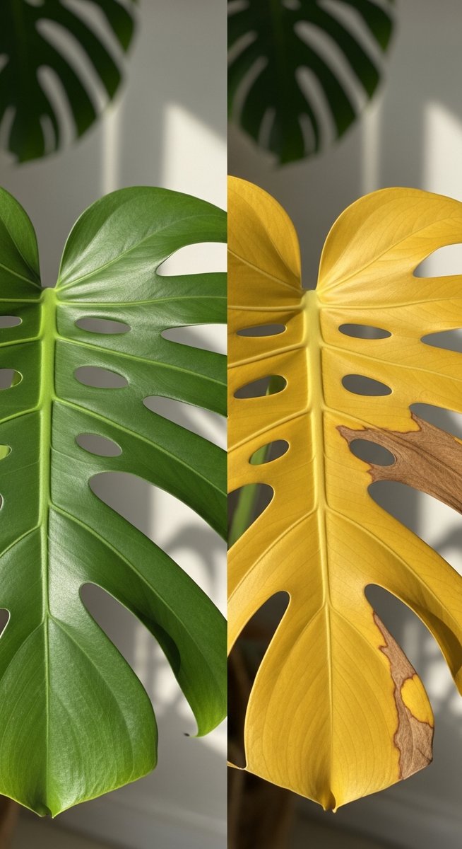 a healthy green monstera leaf next to a yellowing one for comparison
