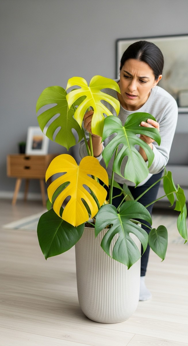 a person examining yellow leaves on a monstera plant, for monstera leaves turning yellow