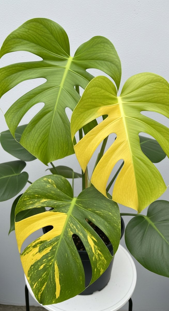 a monstera plant showing a mix of green and yellowing leaves, for monstera leaves turning yellow