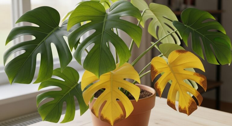 a monstera plant with several leaves turning yellow, for monstera leaves turning yellow