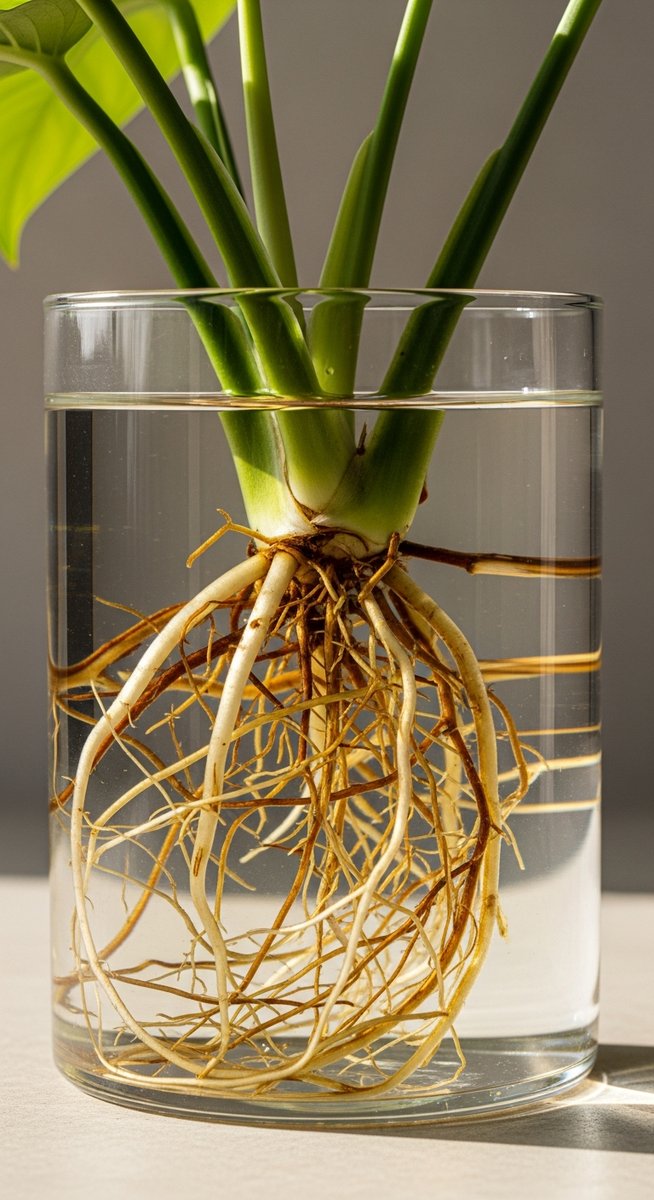 close-up of monstera roots growing in a clear glass container of water