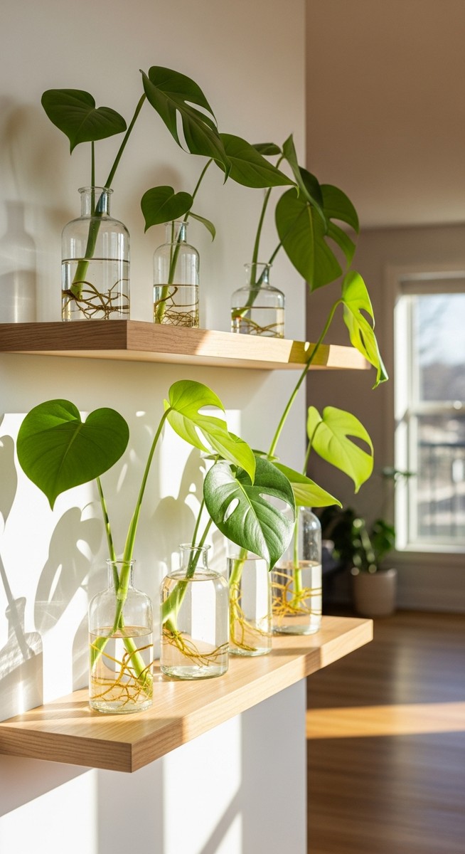 several monstera plants growing in water in clear glass vases
