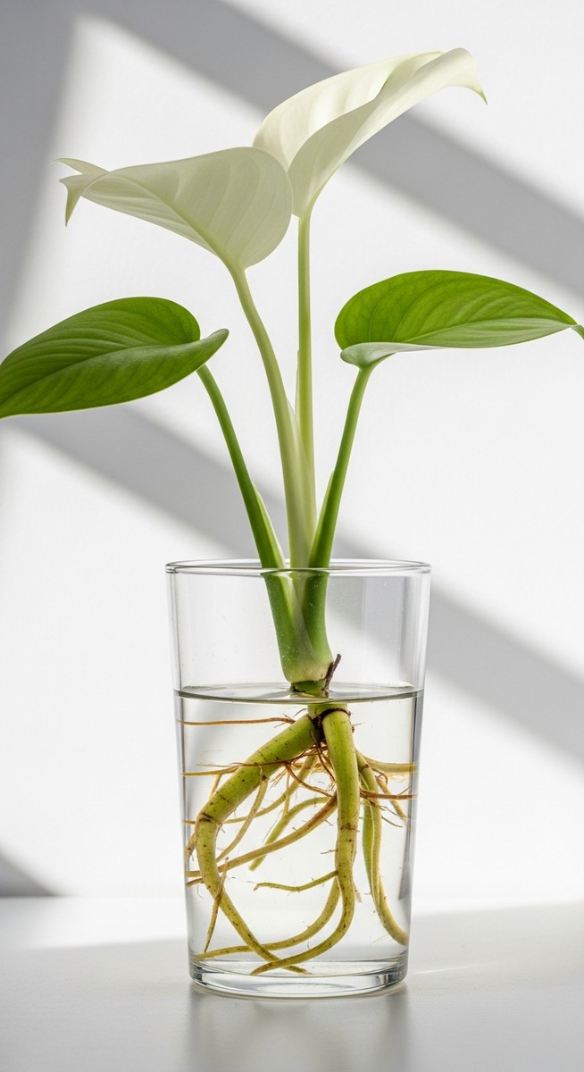 close-up of healthy white monstera roots growing in a glass of water, for monstera leca
