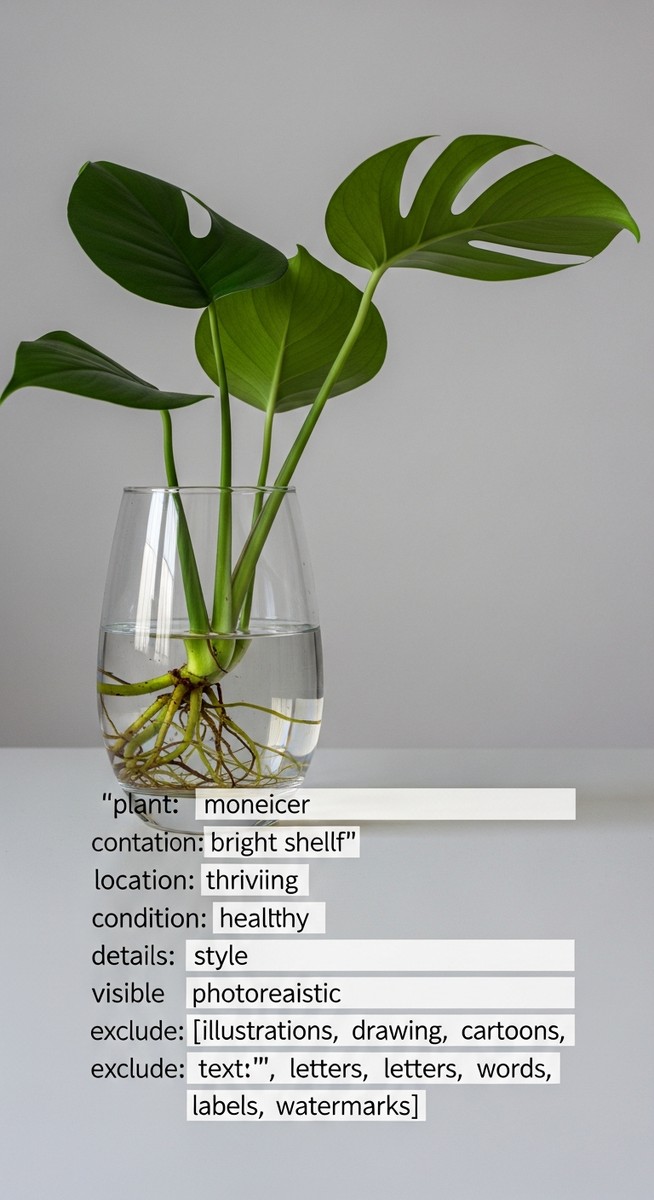 a monstera plant thriving in a glass of water on a shelf