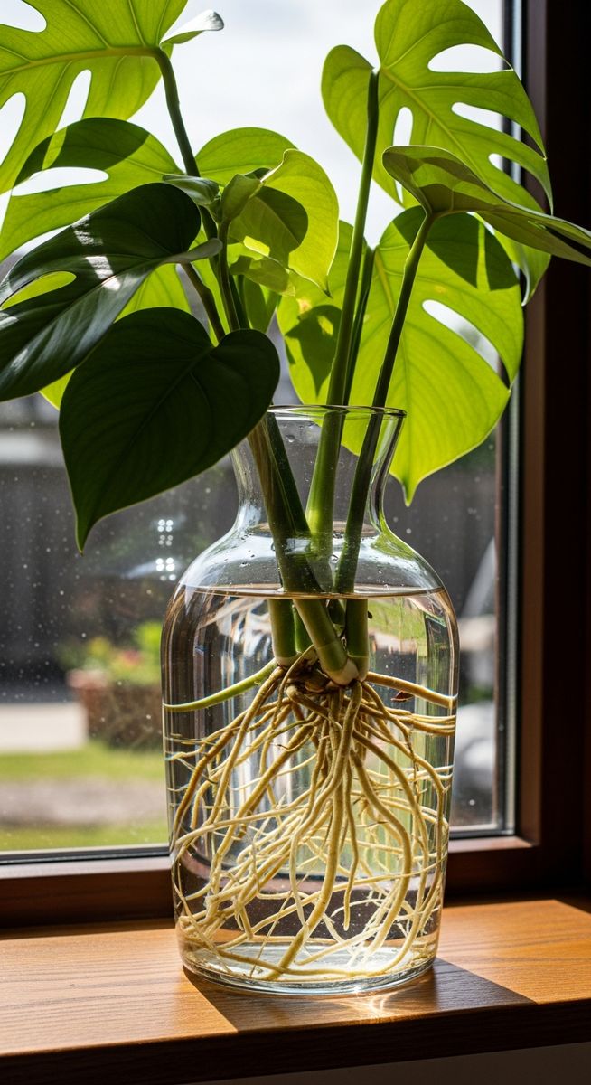 a clear glass vase containing a monstera plant with visible roots in water, for monstera leca