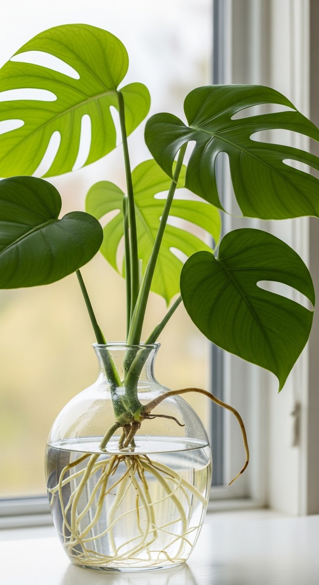 a monstera plant growing hydroponically in a glass of water