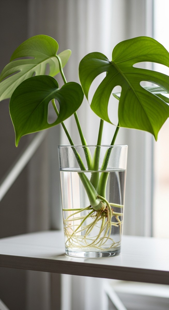 a monstera plant thriving in a glass of water on a shelf