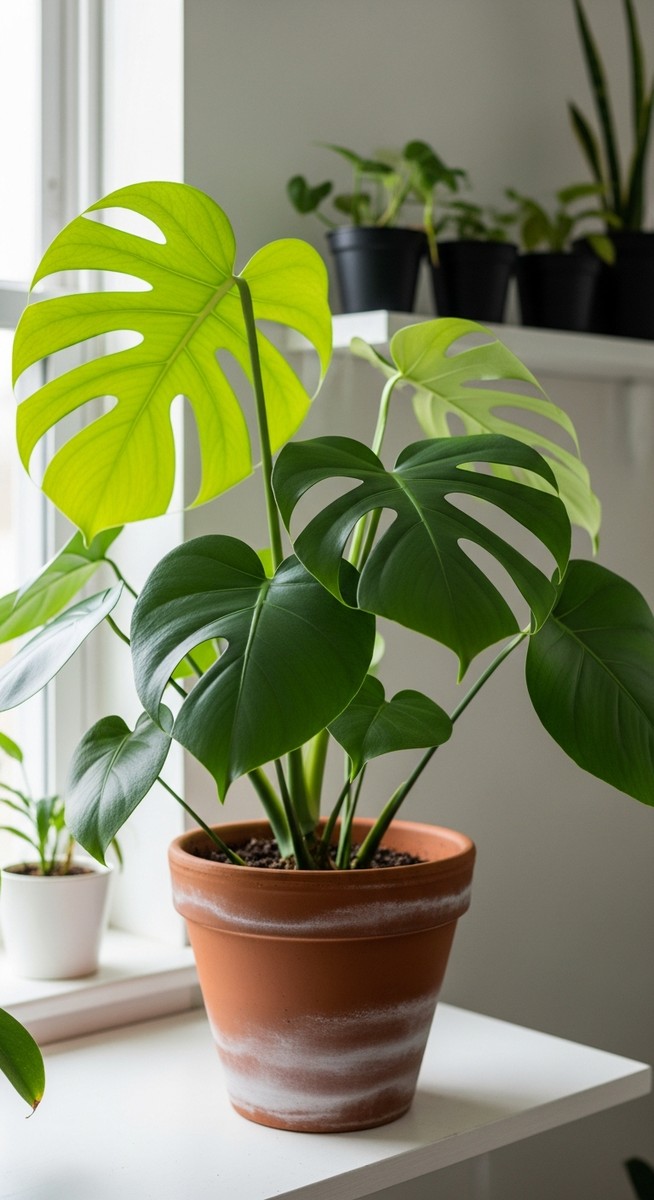 a lush monstera plant in a terracotta pot on a white shelf