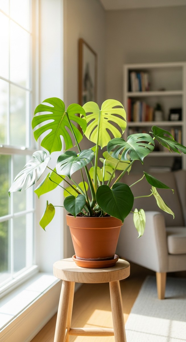 a monstera plant in a pot near a bright window