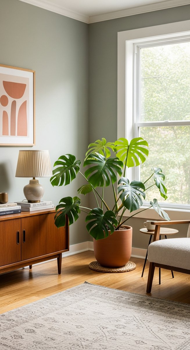 a large thriving monstera plant as a living room focal point, for monstera lechleriana
