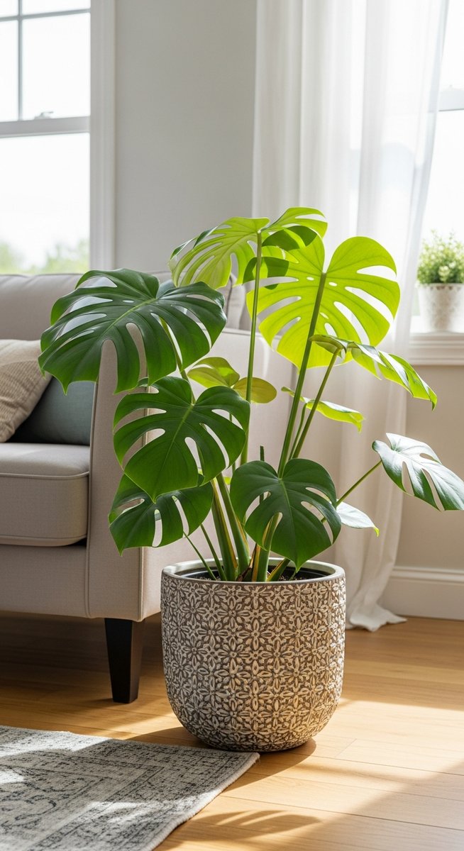 a monstera plant in a decorative pot on a wooden floor