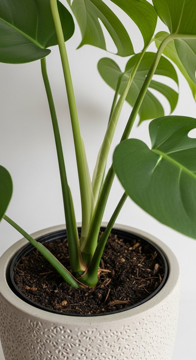 close-up of the base and lower leaves of a monstera plant, for monstera lechleriana