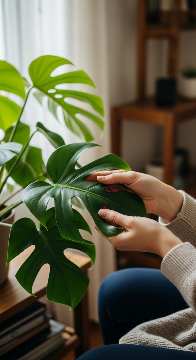 hands touching the leaves of a healthy monstera plant