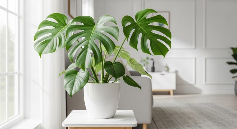 a healthy monstera plant displayed in a bright modern living room, for monstera lechleriana