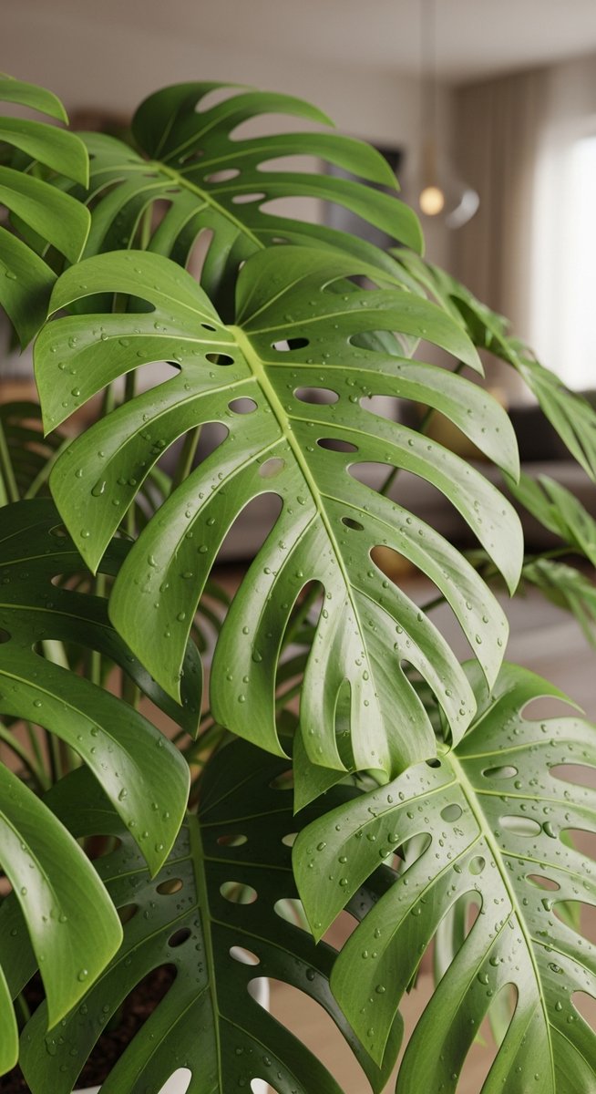 close-up of monstera leaves looking lush in a bright home interior