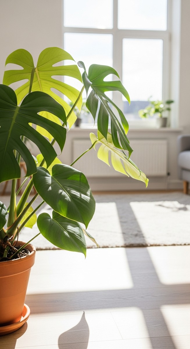 a monstera thriving in a bright home interior, for monstera light requirements