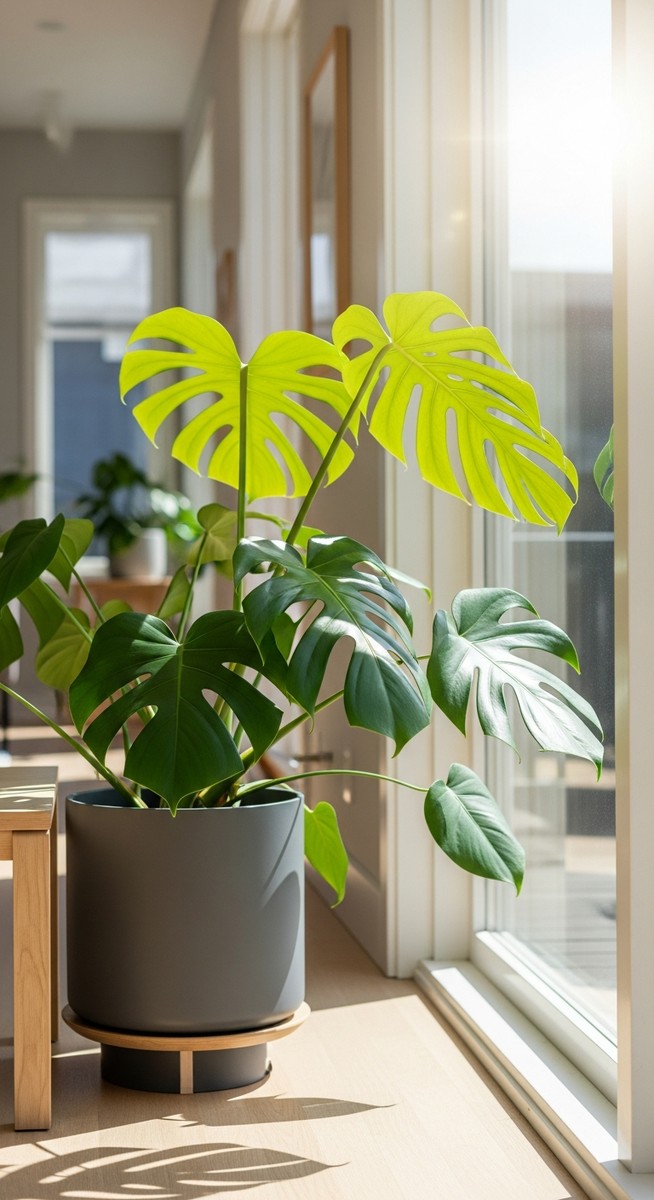 a monstera growing toward the light source in a bright home interior, for monstera light requirements