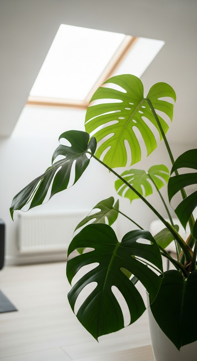 a monstera with its leaves oriented toward the light in a bright home interior