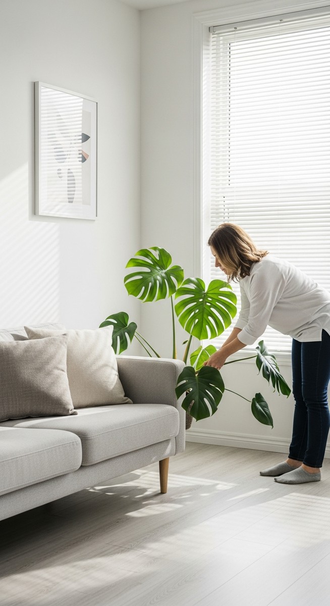 a person placing a monstera in the ideal spot in a bright home interior, for monstera light requirements