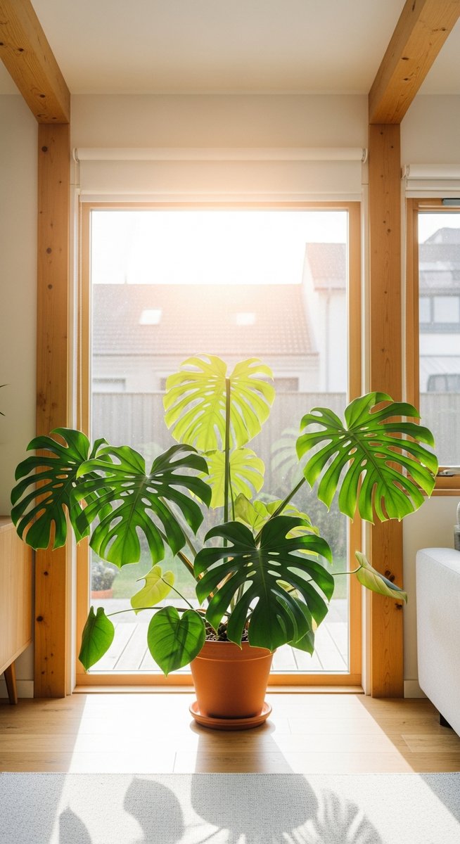 a monstera in the brightest spot of a bright home interior