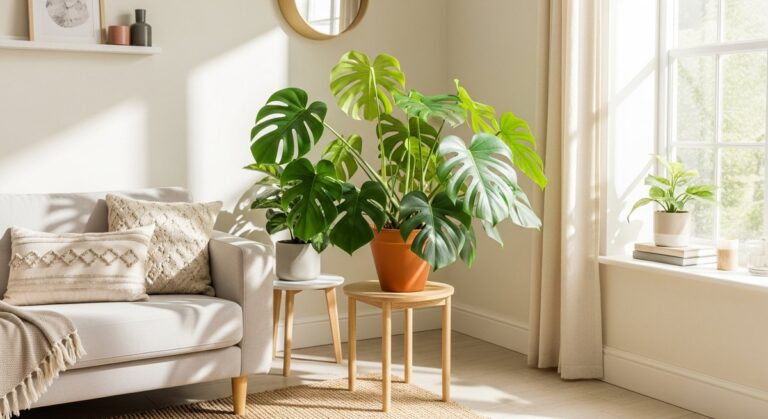 a monstera looking healthy in a bright home interior, for monstera light requirements