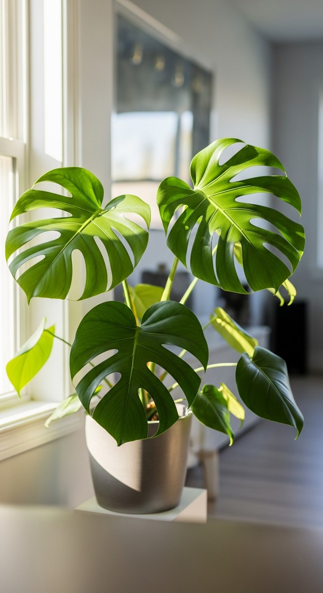 a monstera with its leaves oriented toward the light in a bright home interior