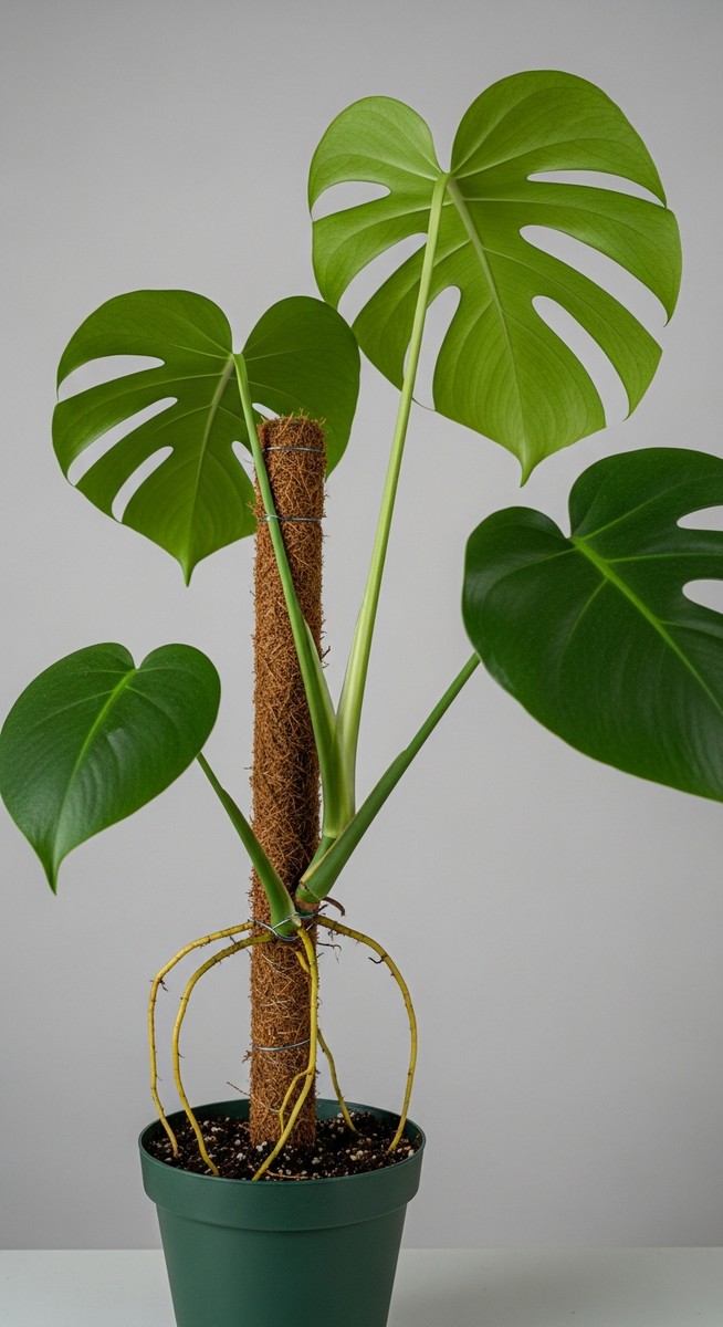 A monstera deliciosa houseplant in a pot with a moss pole inserted into the soil, for monstera moss pole