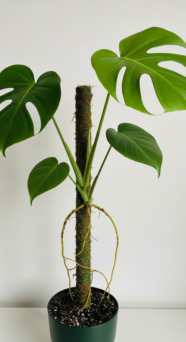 A monstera deliciosa houseplant in a pot with a moss pole inserted into the soil, for monstera moss pole