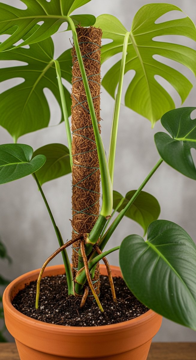 A monstera deliciosa houseplant in a pot with a moss pole inserted into the soil
