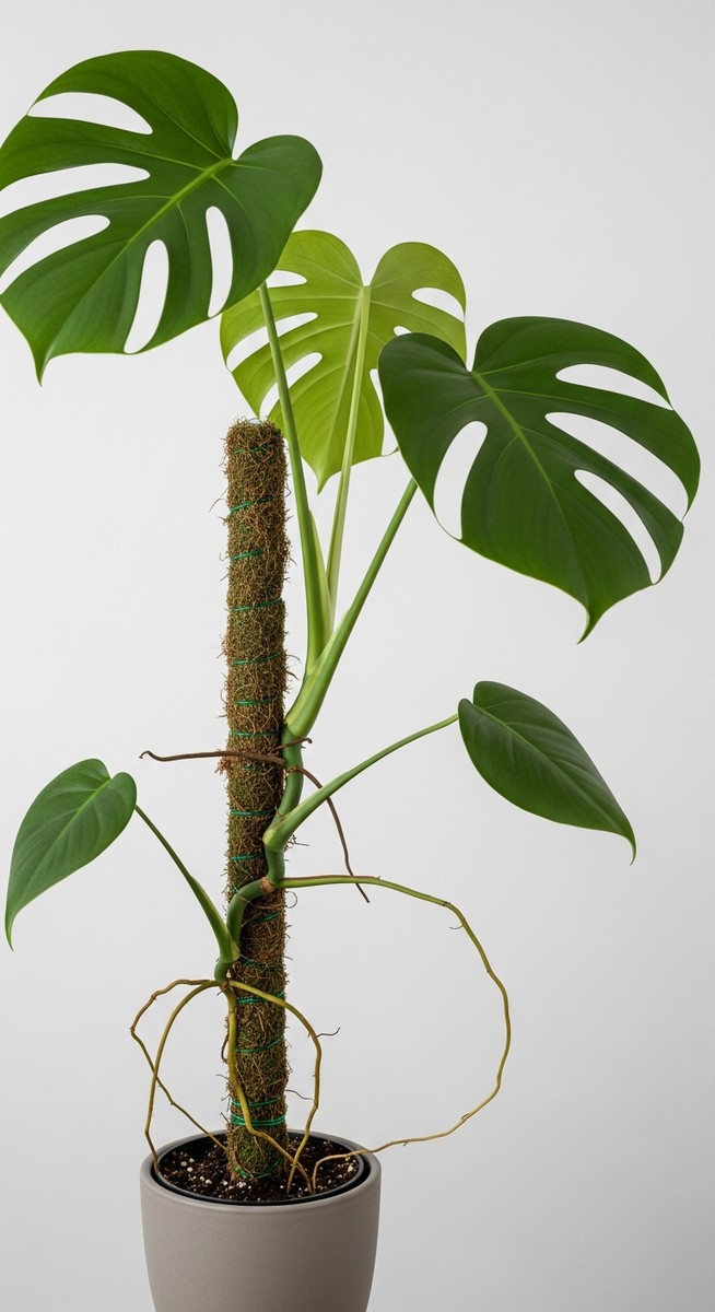 A monstera deliciosa houseplant in a pot with a moss pole inserted into the soil, for monstera moss pole