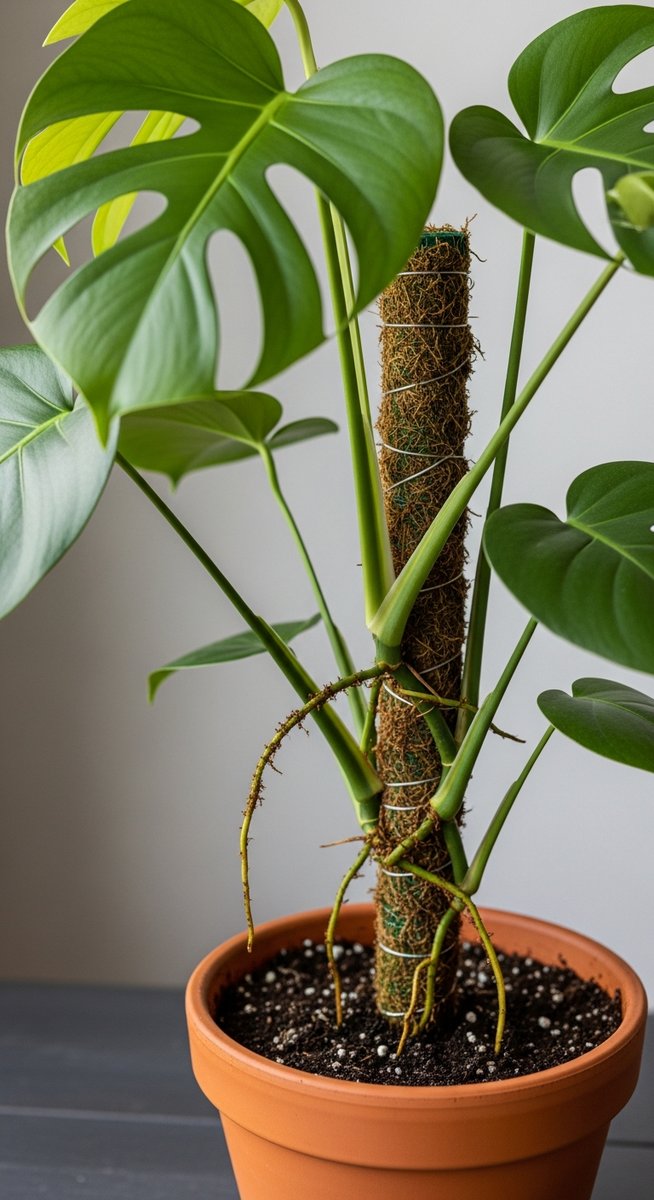 A monstera deliciosa houseplant in a pot with a moss pole inserted into the soil, for monstera moss pole