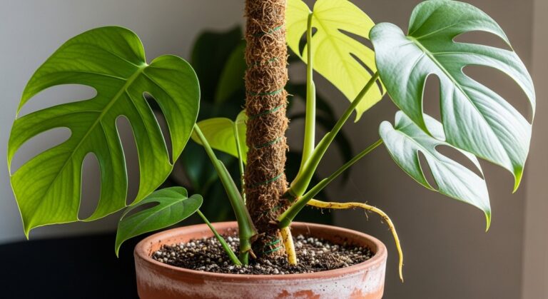 A monstera deliciosa houseplant in a pot with a moss pole inserted into the soil, for monstera moss pole