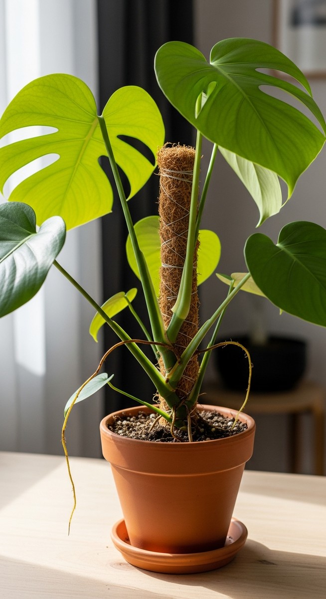 A monstera deliciosa houseplant in a pot with a moss pole inserted into the soil