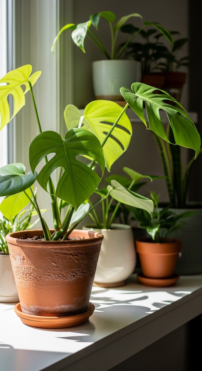 a lush monstera plant in a terracotta pot on a white shelf