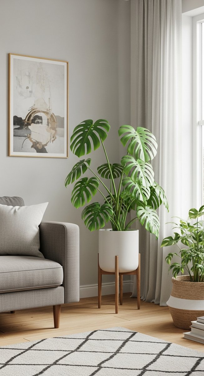 a large thriving monstera plant as a living room focal point, for monstera obliqua