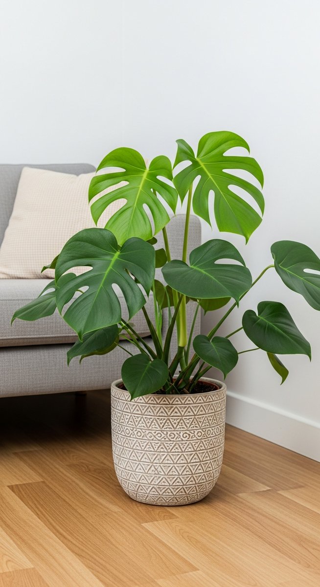 a monstera plant in a decorative pot on a wooden floor