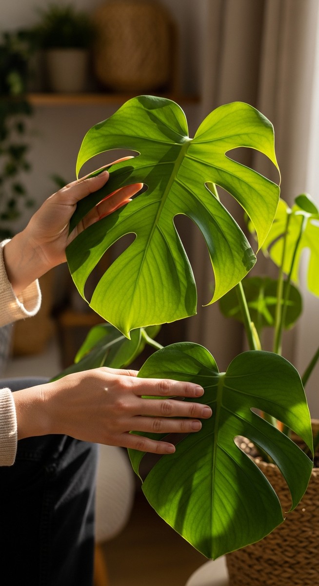hands touching the leaves of a healthy monstera plant