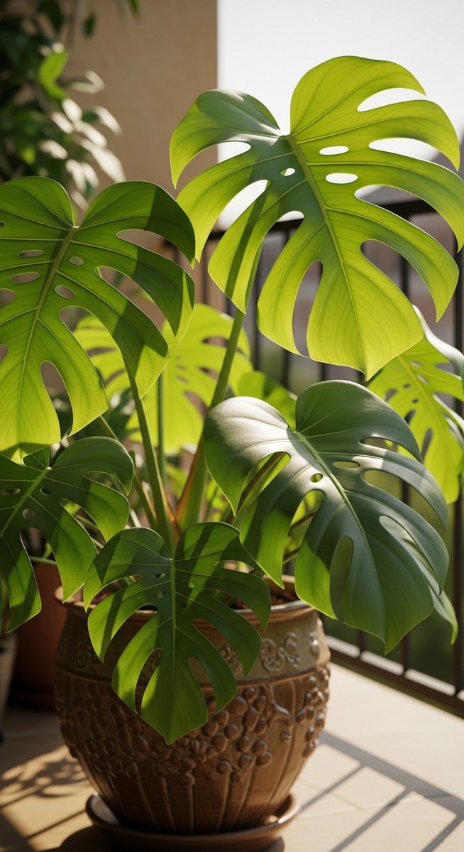 A monstera houseplant in a decorative pot sitting on a sunny balcony, for monstera outside