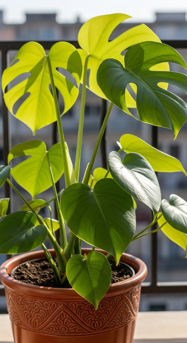A monstera houseplant in a decorative pot sitting on a sunny balcony