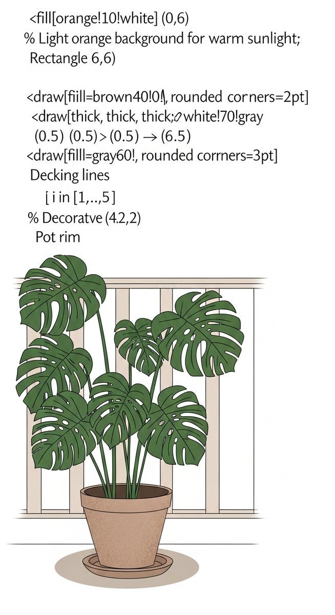 A monstera houseplant in a decorative pot sitting on a sunny balcony, for monstera outside