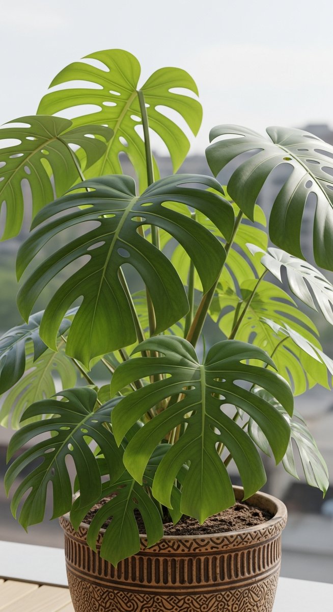 A monstera houseplant in a decorative pot sitting on a sunny balcony