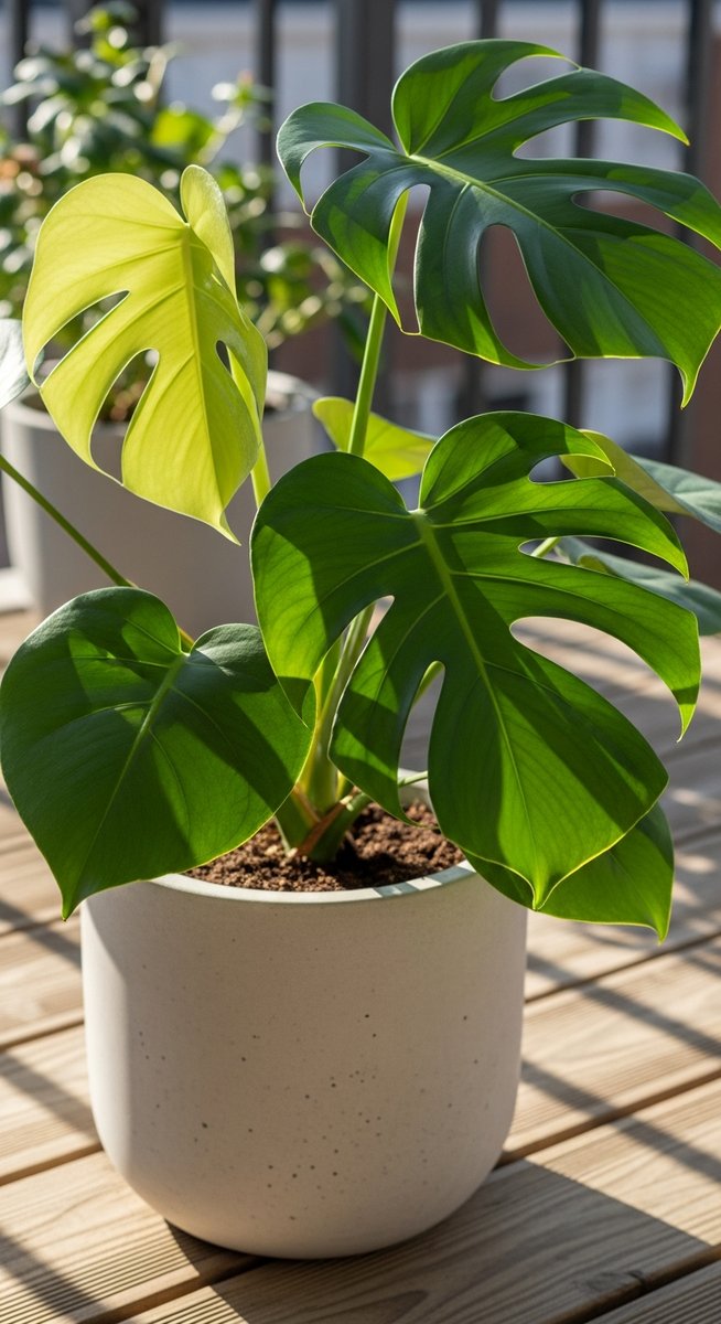 A monstera houseplant in a decorative pot sitting on a sunny balcony, for monstera outside