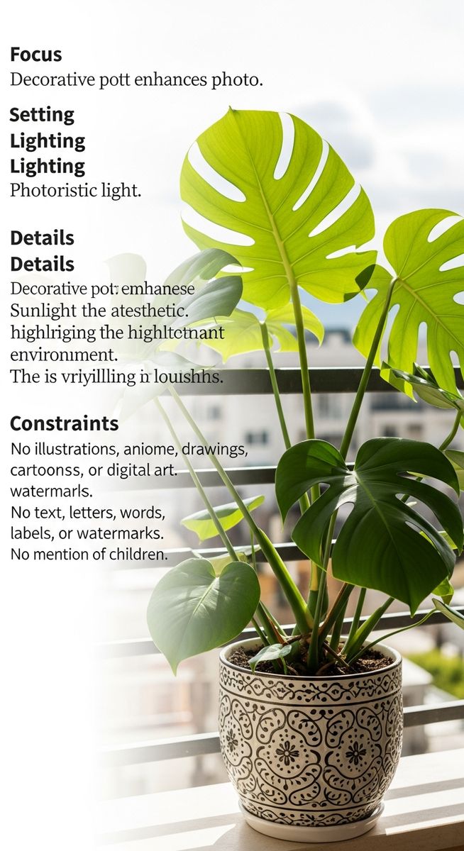 A monstera houseplant in a decorative pot sitting on a sunny balcony