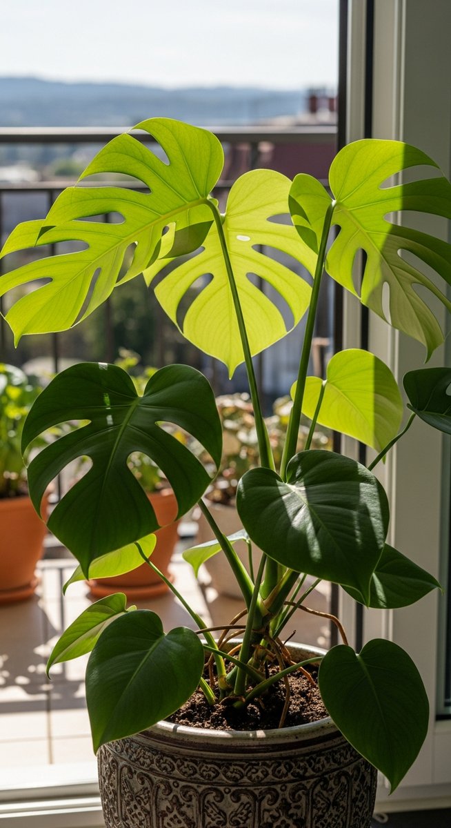A monstera houseplant in a decorative pot sitting on a sunny balcony, for monstera outside