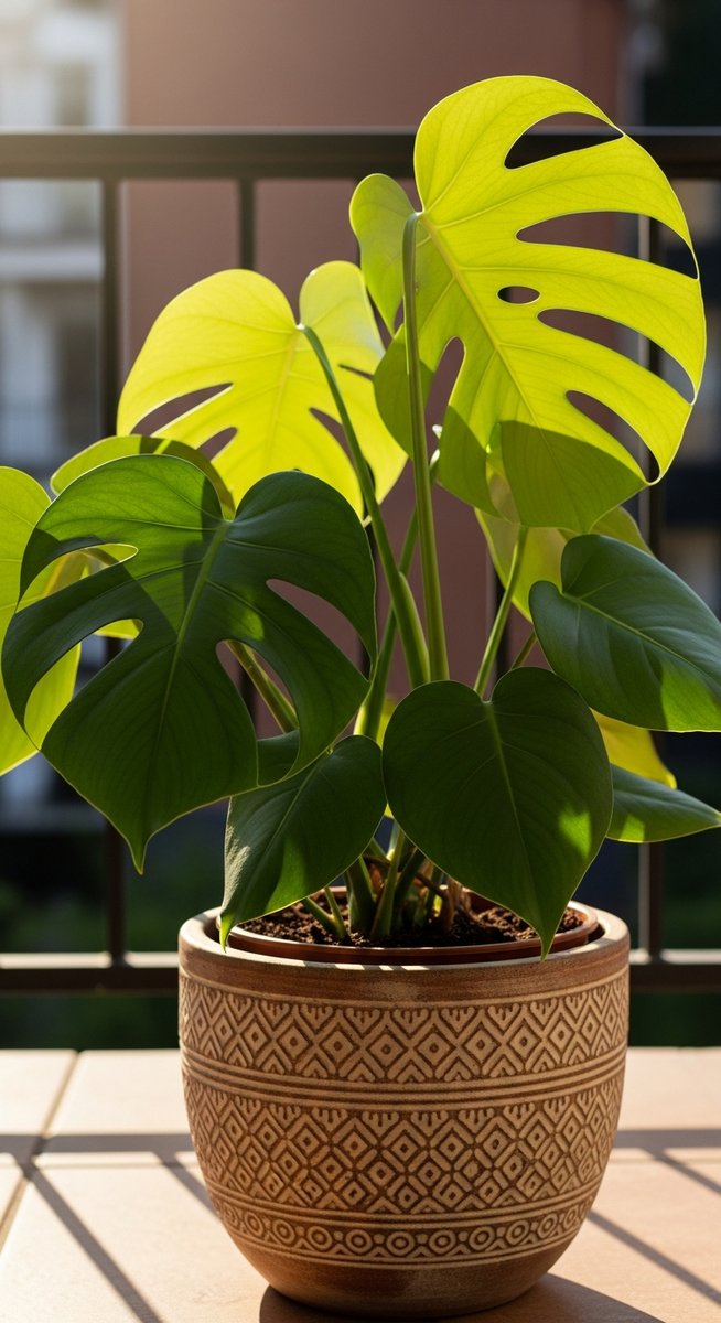 A monstera houseplant in a decorative pot sitting on a sunny balcony