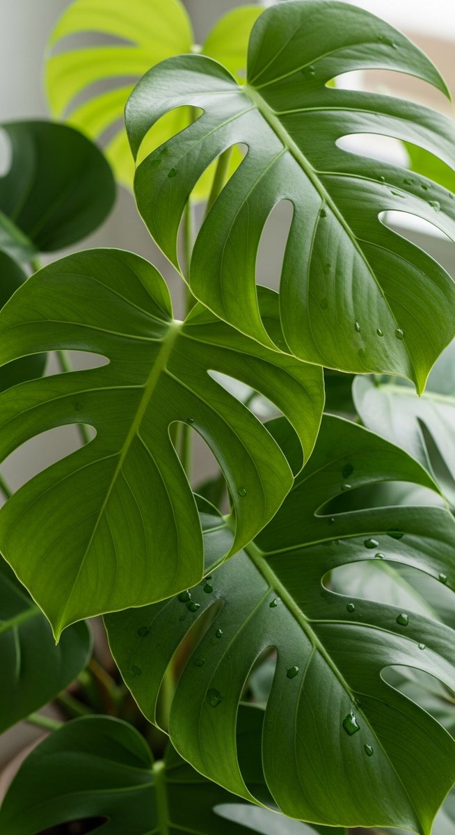 close-up of healthy monstera leaves showing vivid colour and texture, for monstera peru
