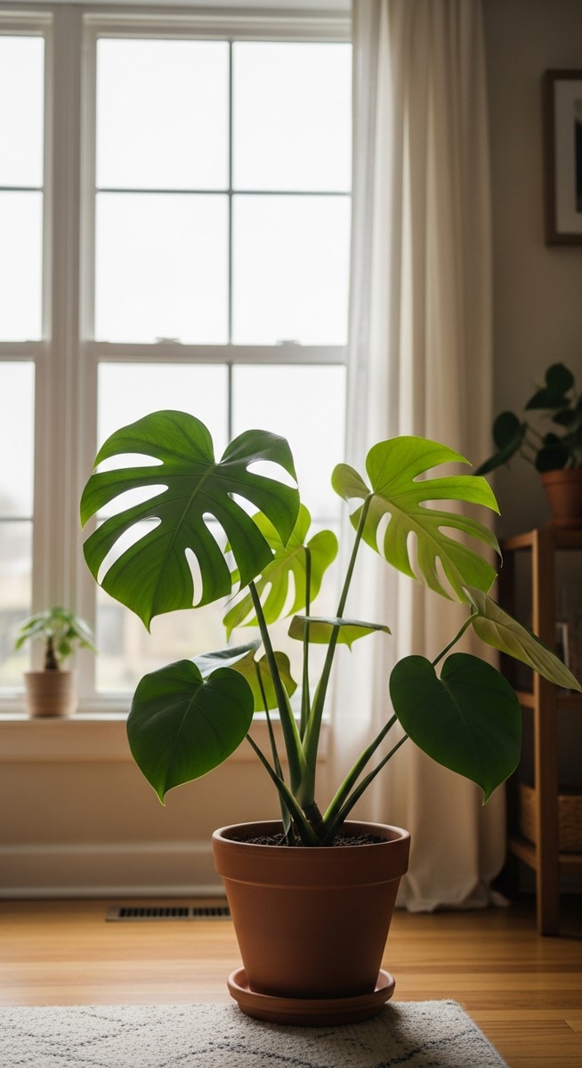 a monstera plant in a pot near a bright window