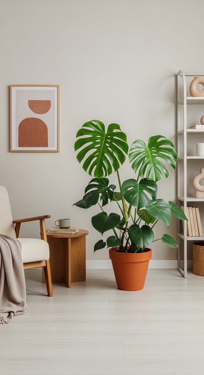 a large thriving monstera plant as a living room focal point, for monstera peru